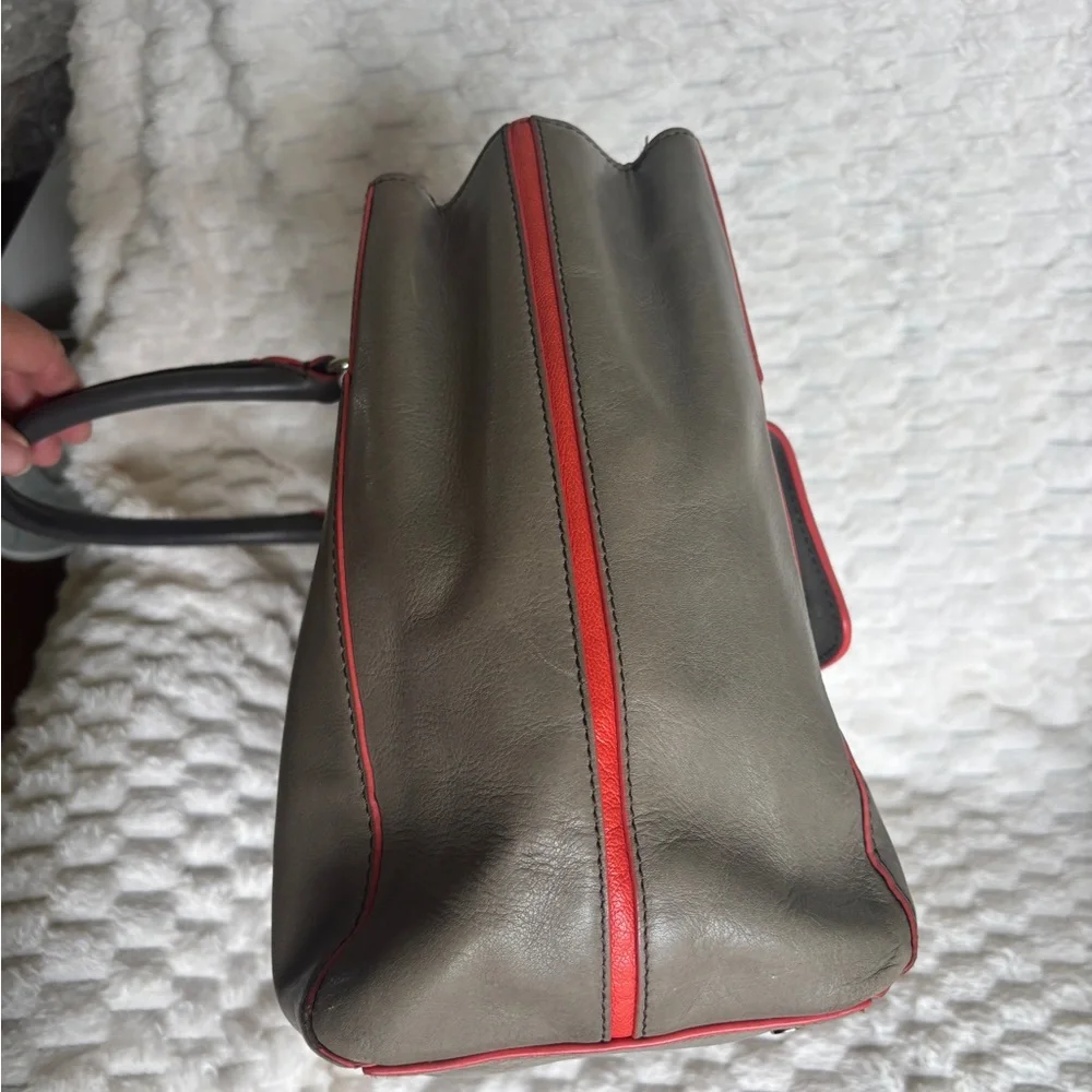 DVF Diane von Furstenberg Gray Taupe Leather Large Tote Red Trim Silver Hardware